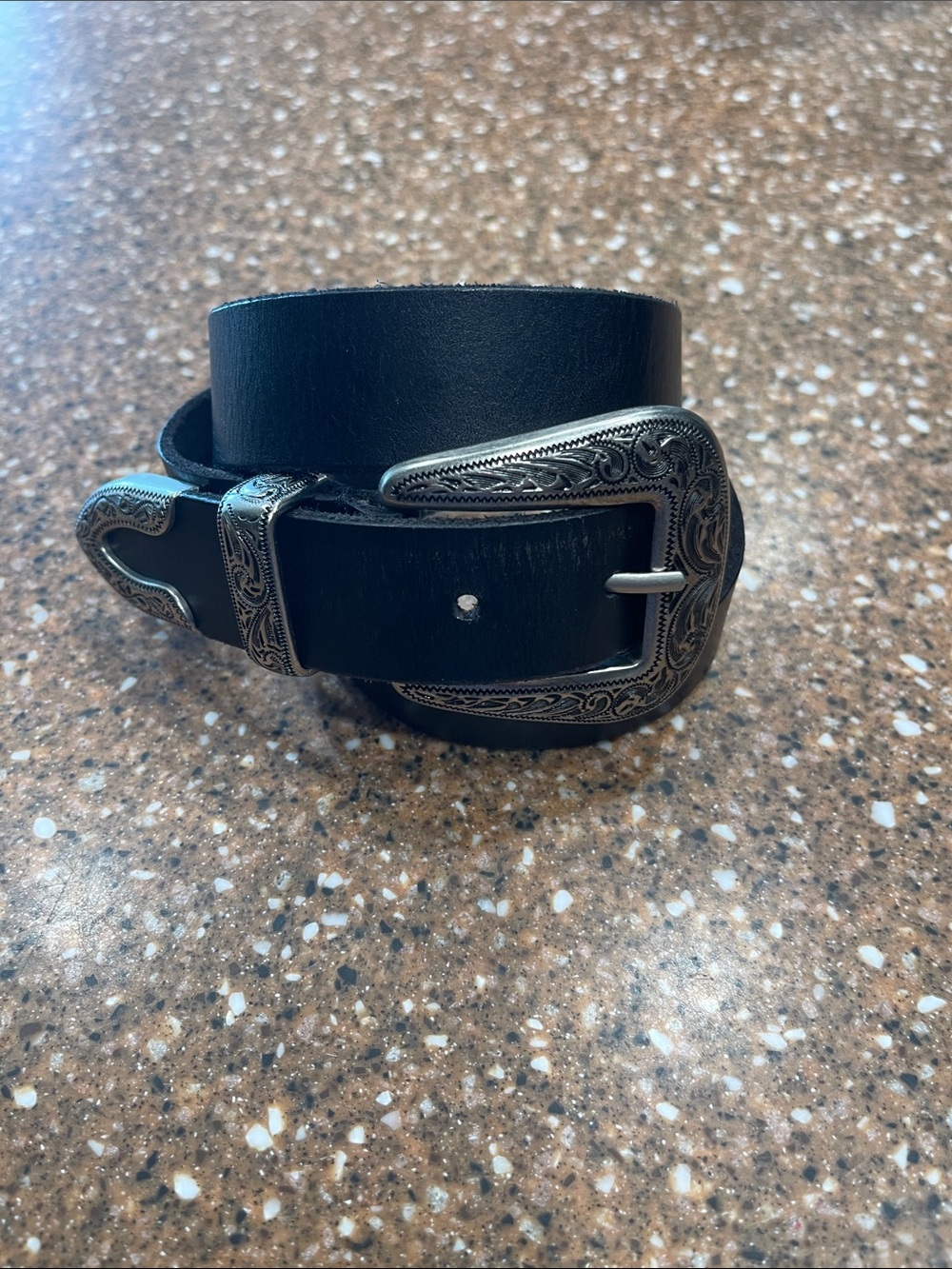 Urban outfitters Black Leather Belt with Western Silver tone Buckle